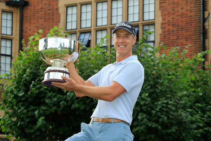 WARE, ENGLAND - AUGUST 28: Gary Marks of England poses with the trophy after the final round of the Willow Senior Golf Classic played at Hanbury Manor Marriott Hotel & Country Club on August 28, 2016 in Ware, United Kingdom. (Photo by Phil Inglis/Getty Images)